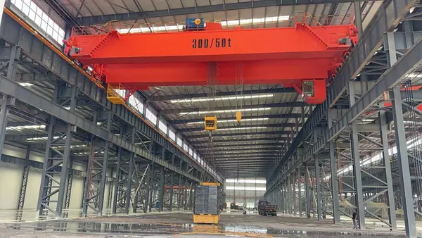 Overhead crane dinding ganda tipe Eropa 300/50 t terpasang di bengkel baru, mengangkat muatan baja profil